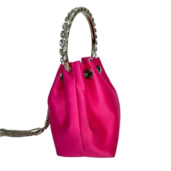 Sondra Robert’s Satin Drawstring Mini Bag Hot a pink Crystal Top Handle - Picture 3 of 8